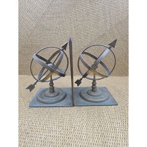 VTG Brass Armillary Sphere Bookends Set Metal Globe Arrow Nautical Astrolabe